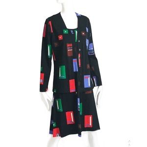 True Vintage Arpeja Mod Print Dress & Jacket Set 2pc Black Red 70s Size 12